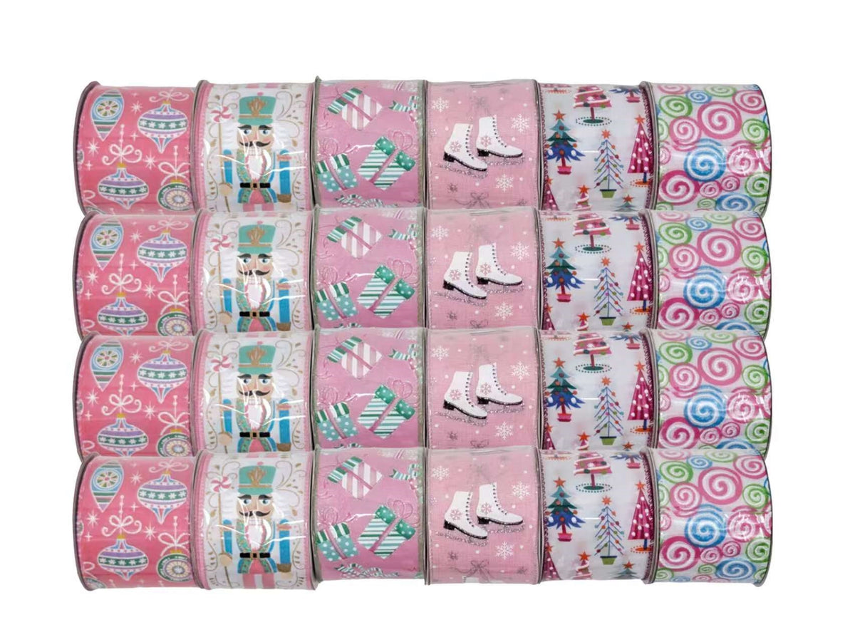 Bulk 24 Xmas Pink & Pastel Ribbon 6.3cmx3m 6 Asst