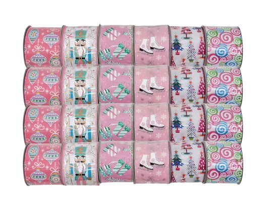 Bulk 24 Xmas Pink & Pastel Ribbon 6.3cmx3m 6 Asst