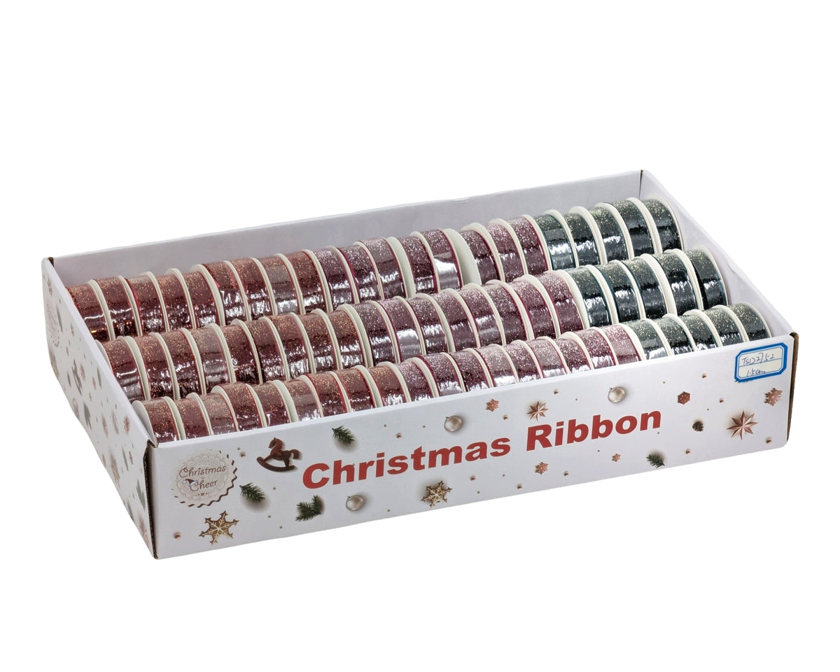 Bulk 54 Xmas Glitter Velvet Ribbon 1.5cmx3m pk54 3 Asst