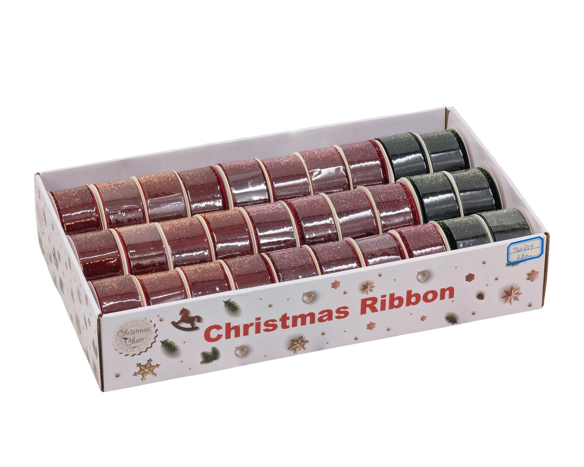 Bulk 30 Xmas Glitter Velvet Ribbon 3.8cmx3m pk30 3 Asst