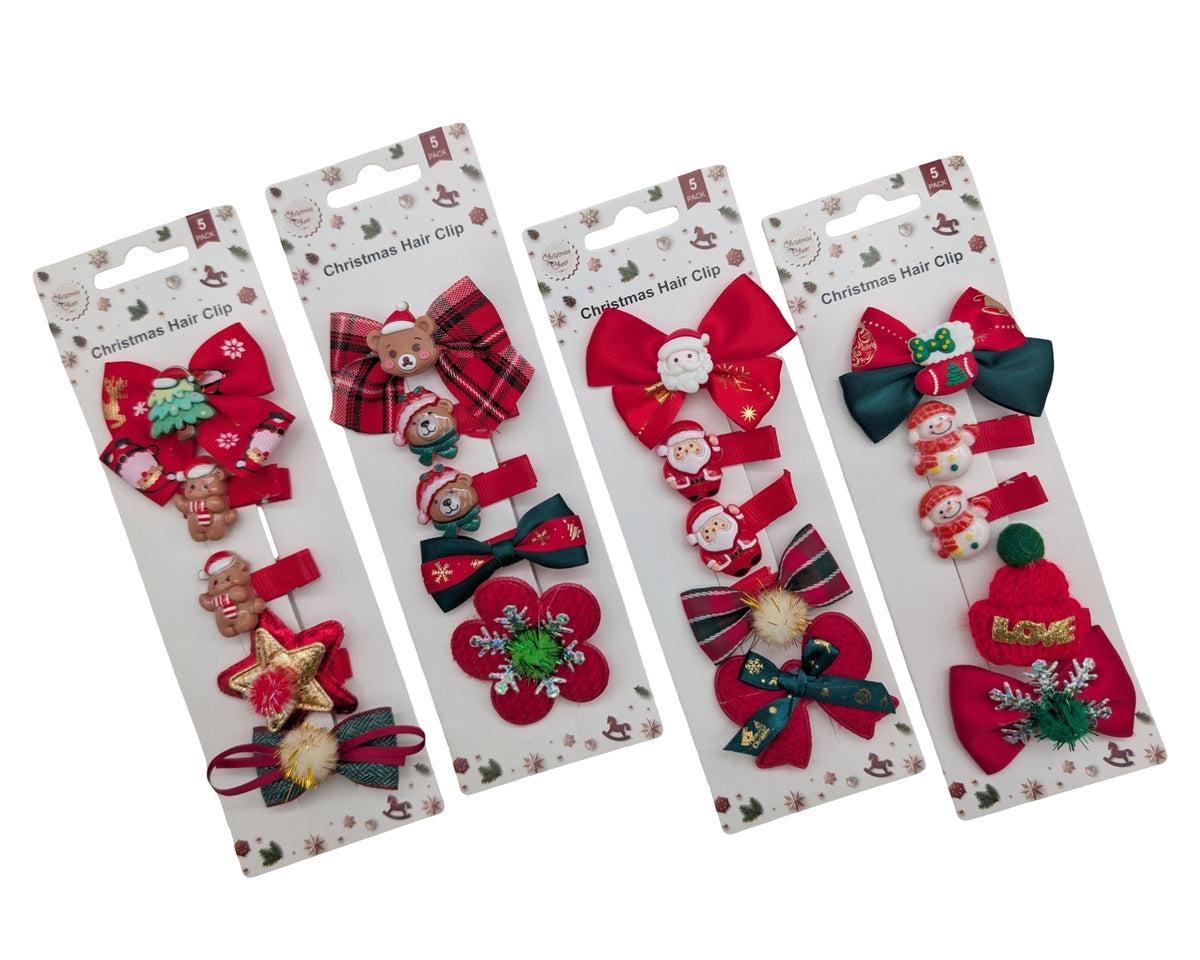 Bulk 24 Xmas Hair Clip pk5 4 Asst