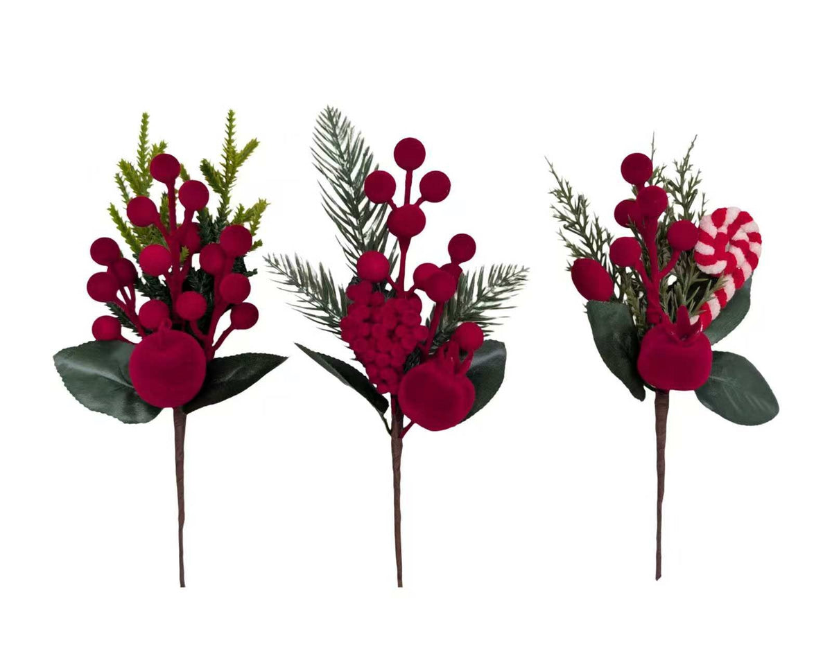 Bulk 36 Xmas Flocking Berry Pick 21cm 3 Asst