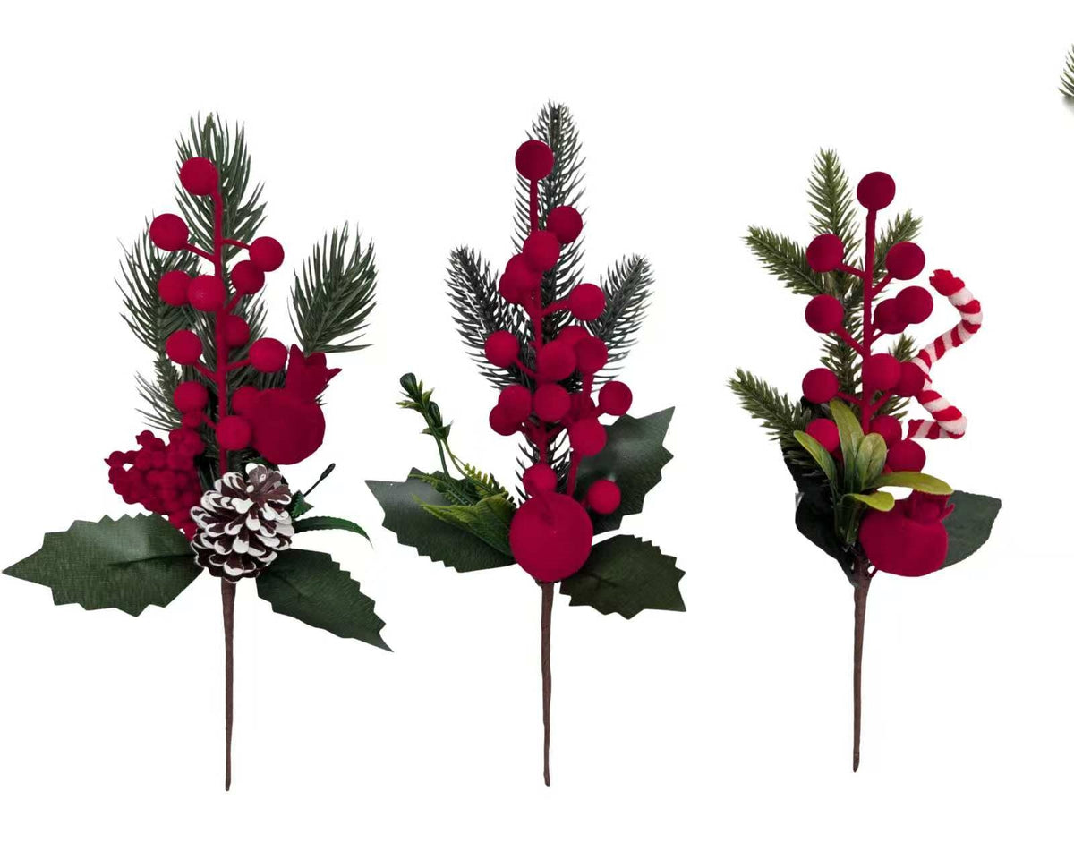 Bulk 36 Xmas Flocking Berry Pick 26cm 3 Asst