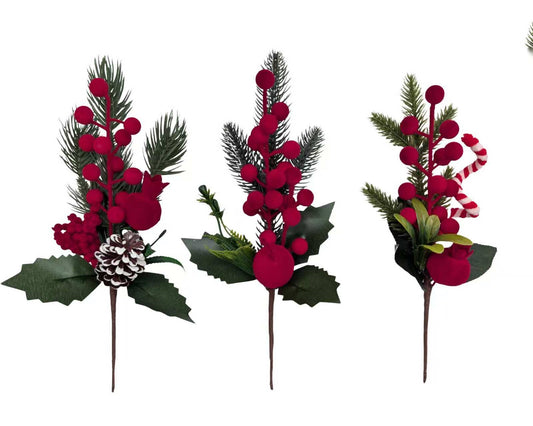 Bulk 36 Xmas Flocking Berry Pick 26cm 3 Asst