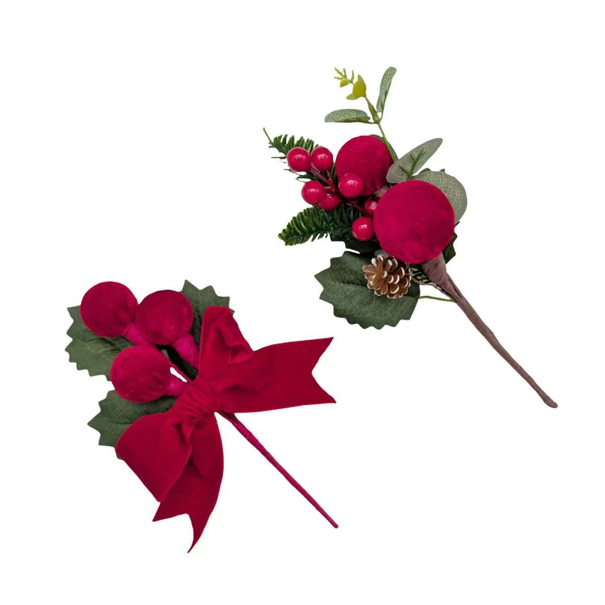 Bulk 24 Xmas Red Velvet Bauble Pick 20cm 2 Asst