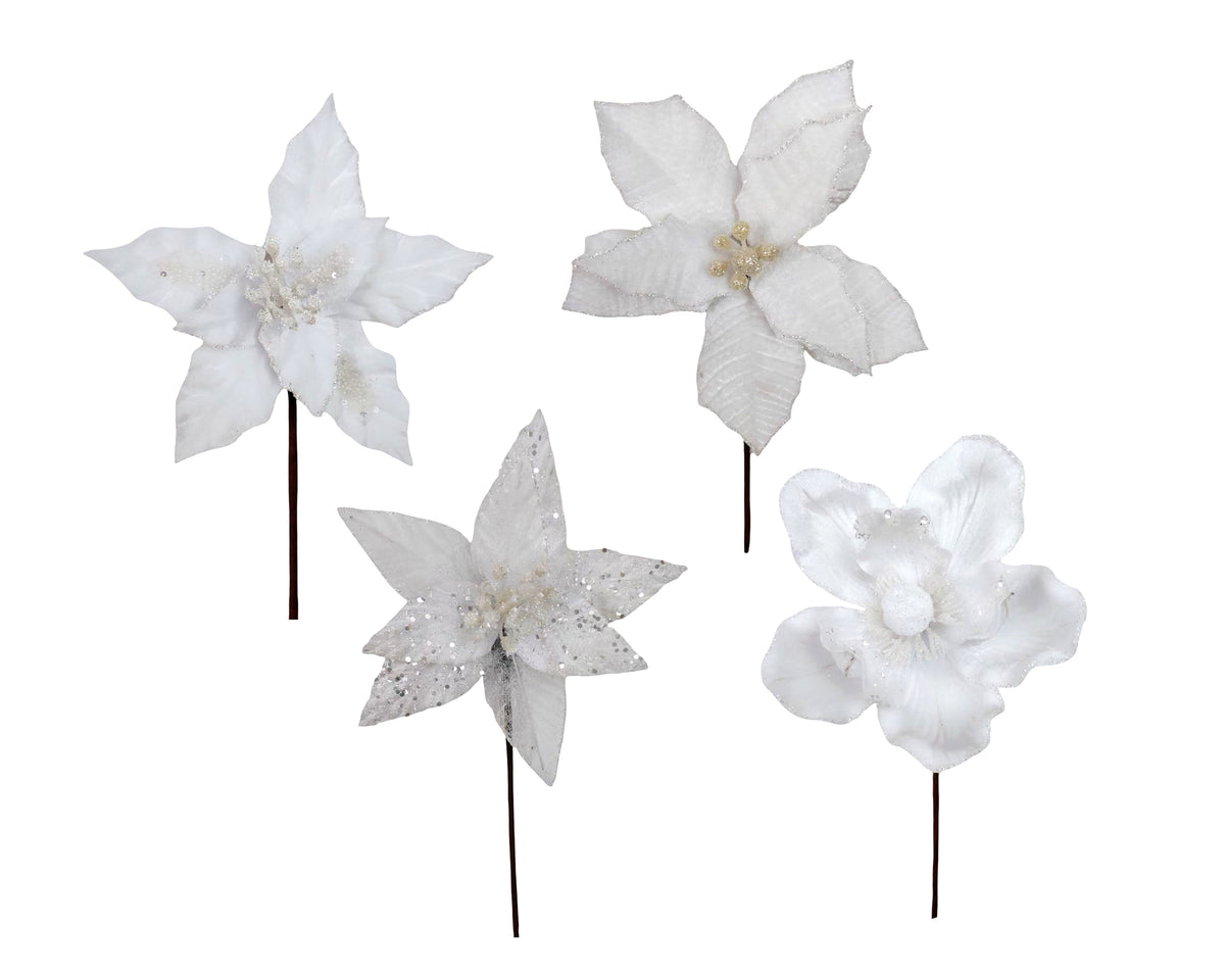Bulk 36 Xmas White Poinsettia Pick d14-20x20cm 4 Asst