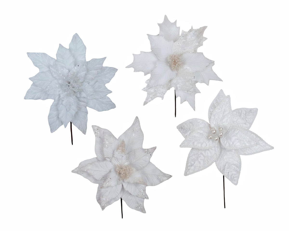 Bulk 36 Xmas White Poinsettia Pick d27-30x30cm 4 Asst