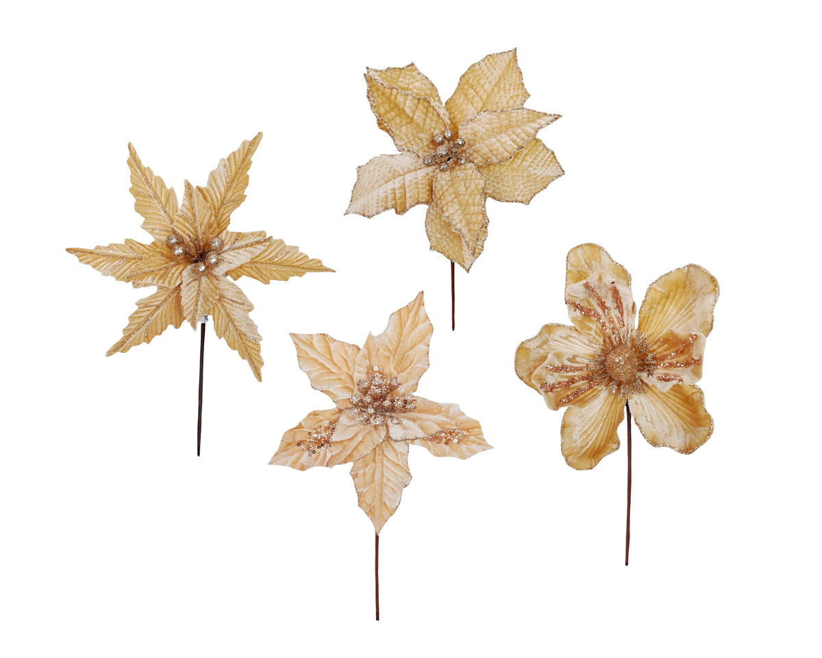 Bulk 36 Xmas Champagne Poinsettia Pick d14-23x20cm 4 Asst