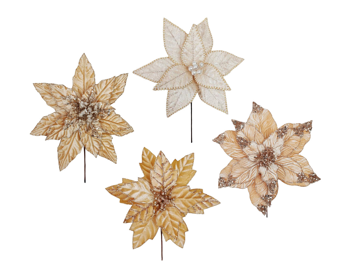 Bulk 36 Xmas Champagne Poinsettia Pick d27-30x30cm 4 Asst