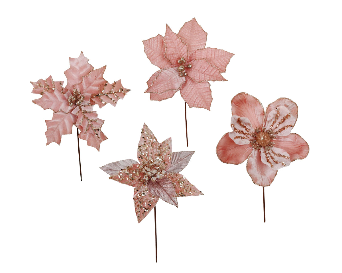 Bulk 36 Xmas Pink Poinsettia Pick d14-20x20cm 4 Asst