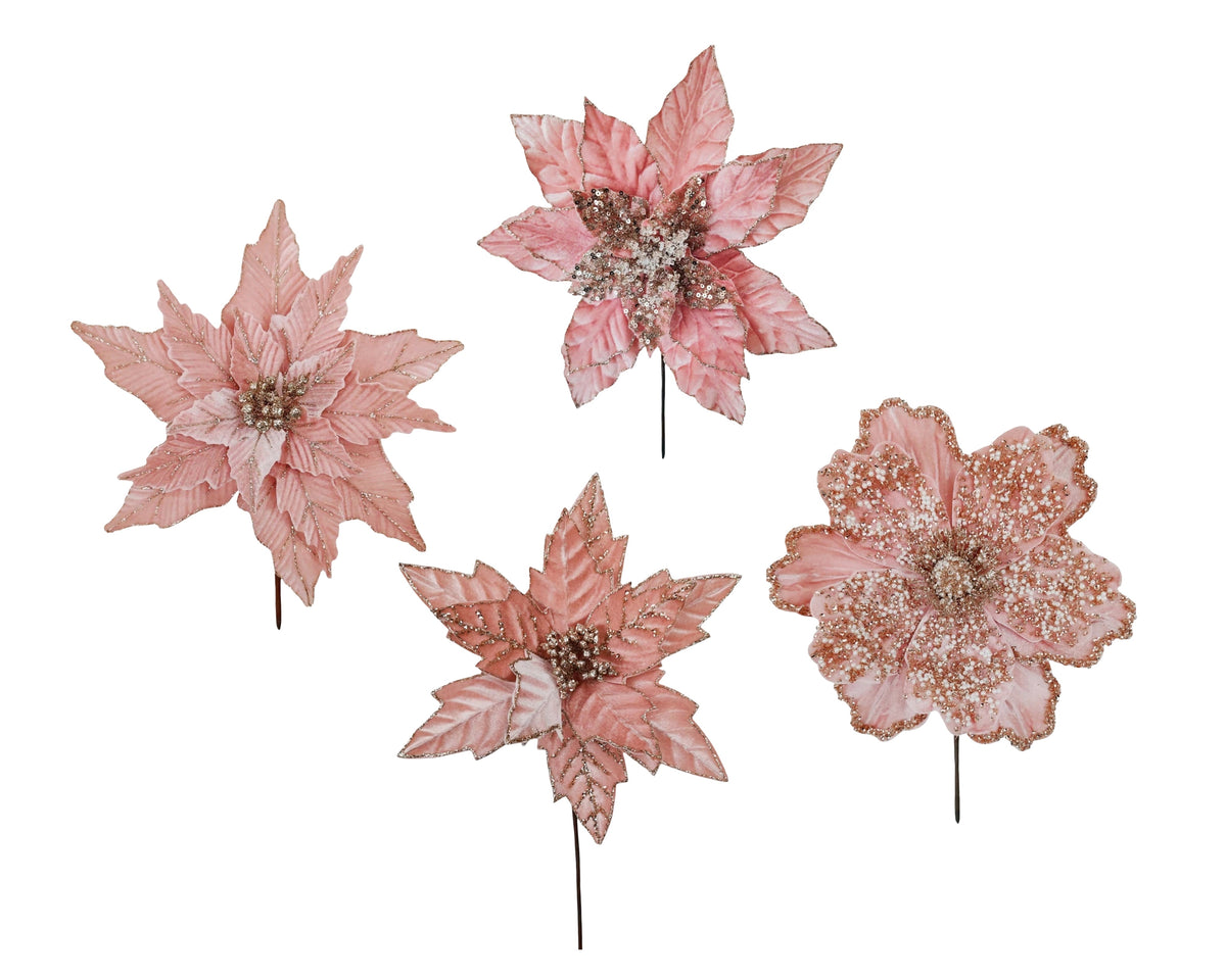 Bulk 36 Xmas Pink Poinsettia Pick d14-20x30cm 4 Asst