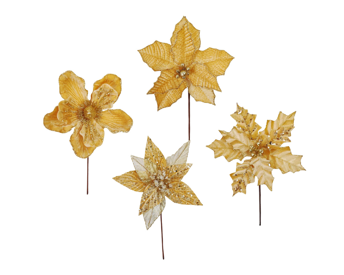 Bulk 36 Xmas Gold Poinsettia Pick d14-20x20cm 4 Asst