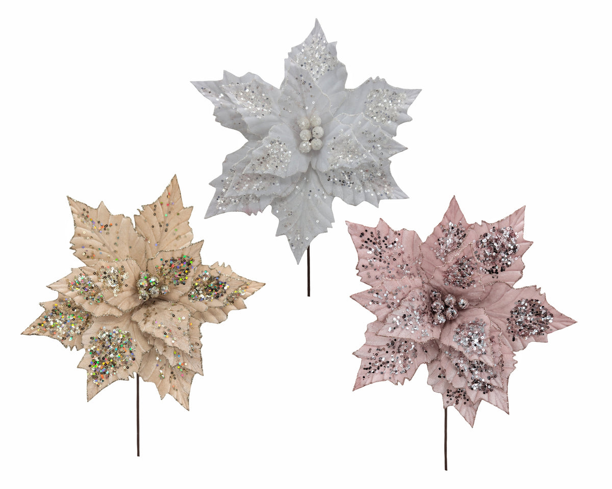 Bulk 24 Xmas Velvet Glitter Poinsettia 30x30cm 3 Asst