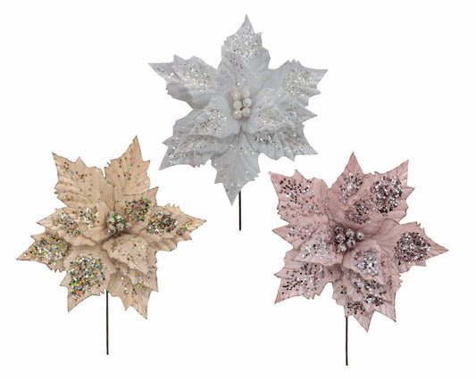 Bulk 24 Xmas Velvet Glitter Poinsettia 30x30cm 3 Asst