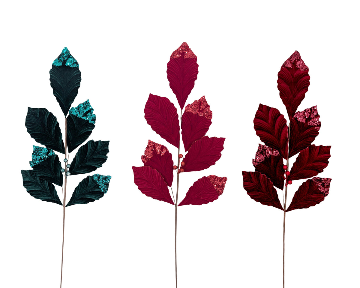 Bulk 24 Xmas Velvet Leave Pick 76cm 3 Asst