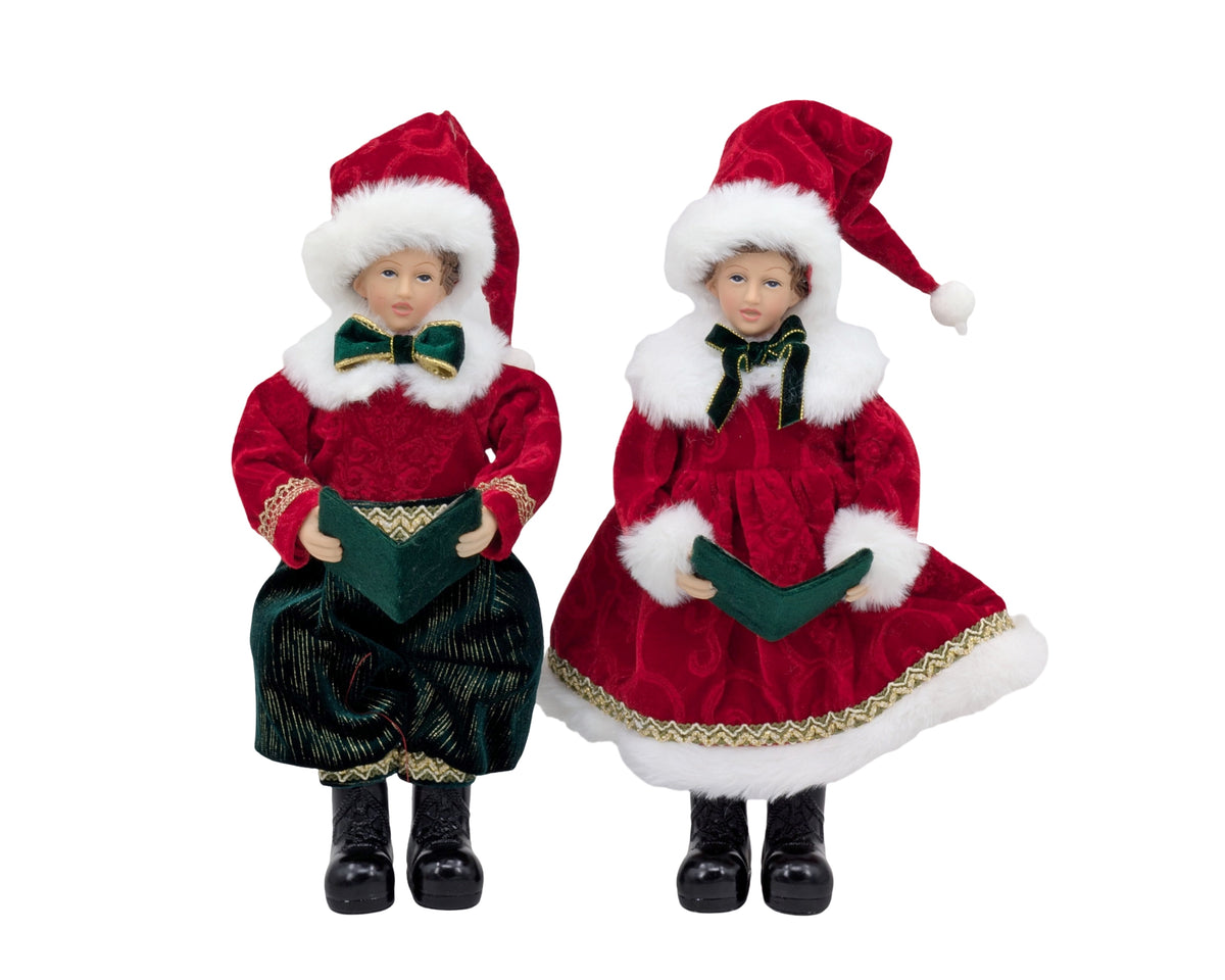 Bulk 4 Xmas Red Velvet Children Caroler 25cm 2 Asst