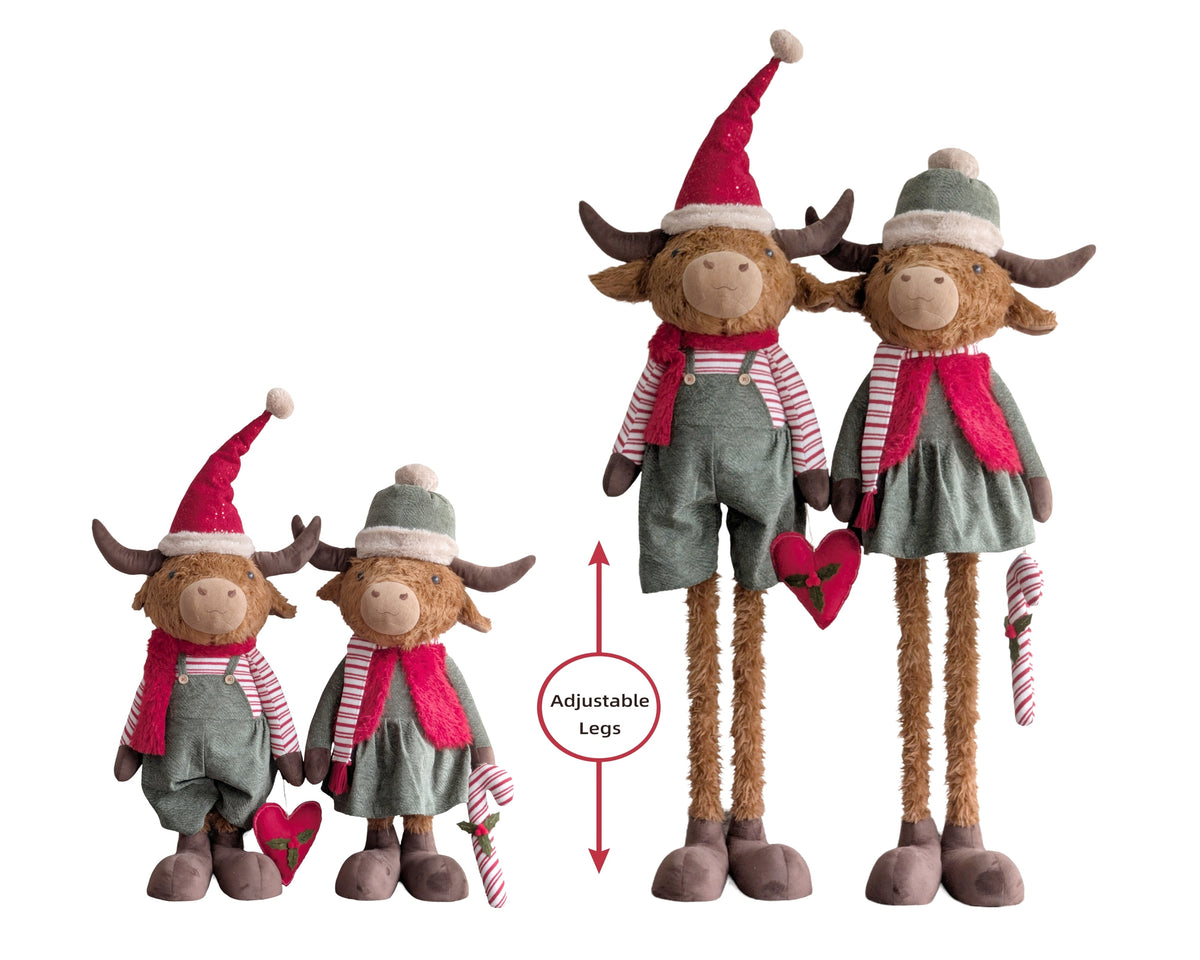 Bulk 2 Xmas Highland Cow W Extendable Legs 31x27x148cm 2 Asst