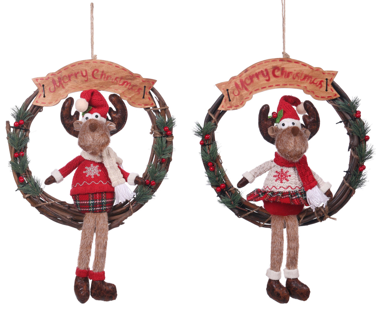 Bulk 8 Xmas Wreath W Reindeer 33x11x46cm 2 Asst