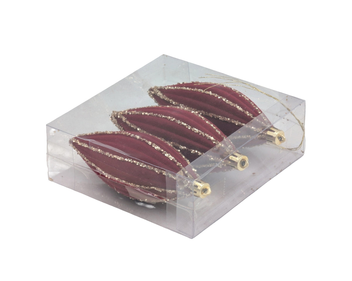 Bulk 12 Xmas Burgundy Velvet Ornament pk3 d8cm