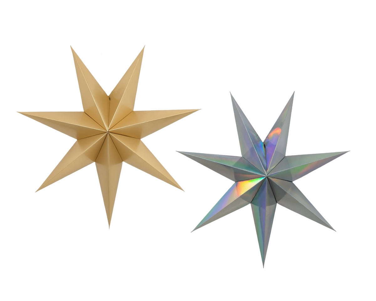 Bulk 24 Xmas Folded Paper Metallic Star 40cm 2 Asst