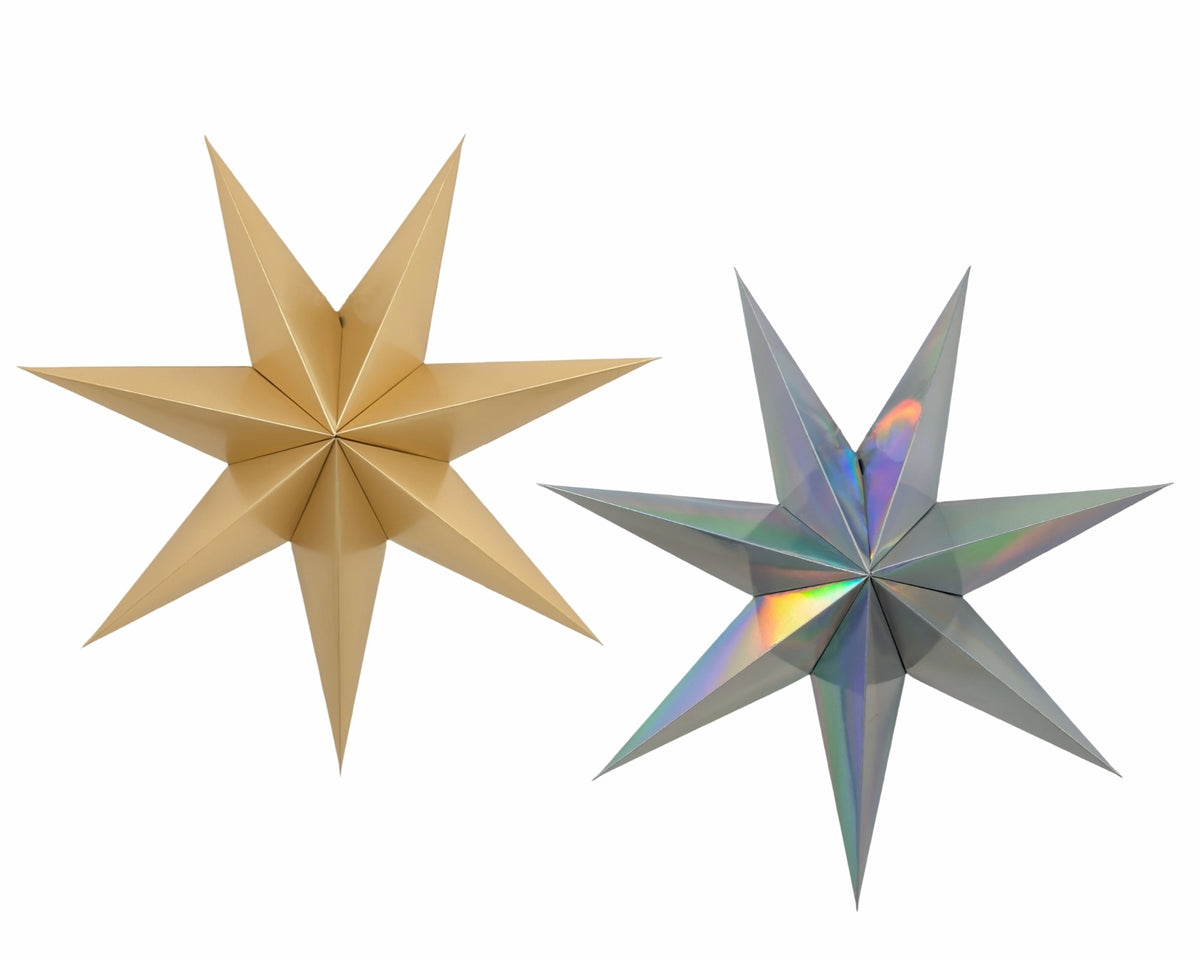 Bulk 24 Xmas Folded Paper Metallic Star 60cm 2 Asst
