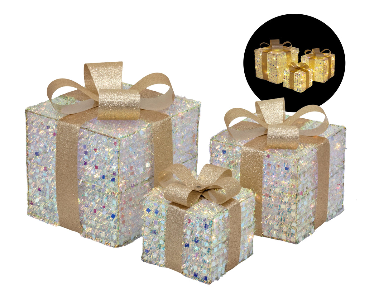 Bulk 2 Xmas Led Iridescent Tinsel Gift Box s/3 25cm 25led
