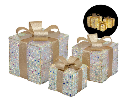 Bulk 2 Xmas Led Iridescent Tinsel Gift Box s/3 25cm 25led