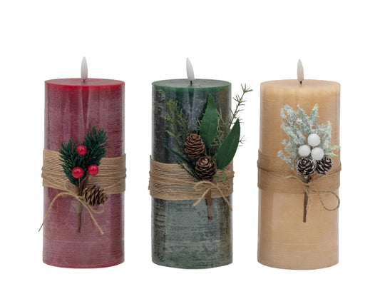 Bulk 12 Led Xmas Rustic Pillar Candle 9x20cm 3 Asst