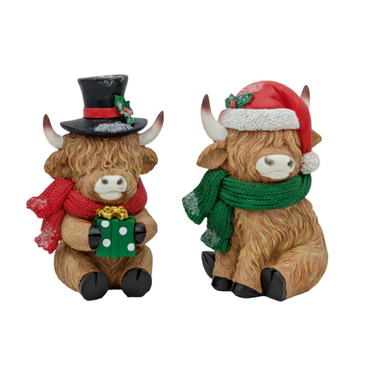 Bulk 8 Xmas Polyresin Highland Cow 13.5x12x20cm 2 Asst