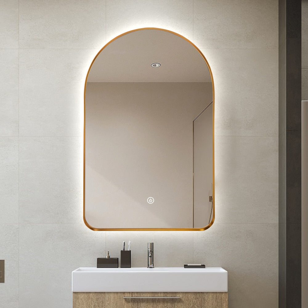 Arched LED Wall Mirror 100cm x 75cm Gold Bevel Frame Backlit Dimmable Defogger