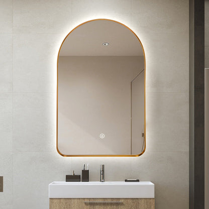 Arched LED Wall Mirror 100cm x 75cm Gold Bevel Frame Backlit Dimmable Defogger