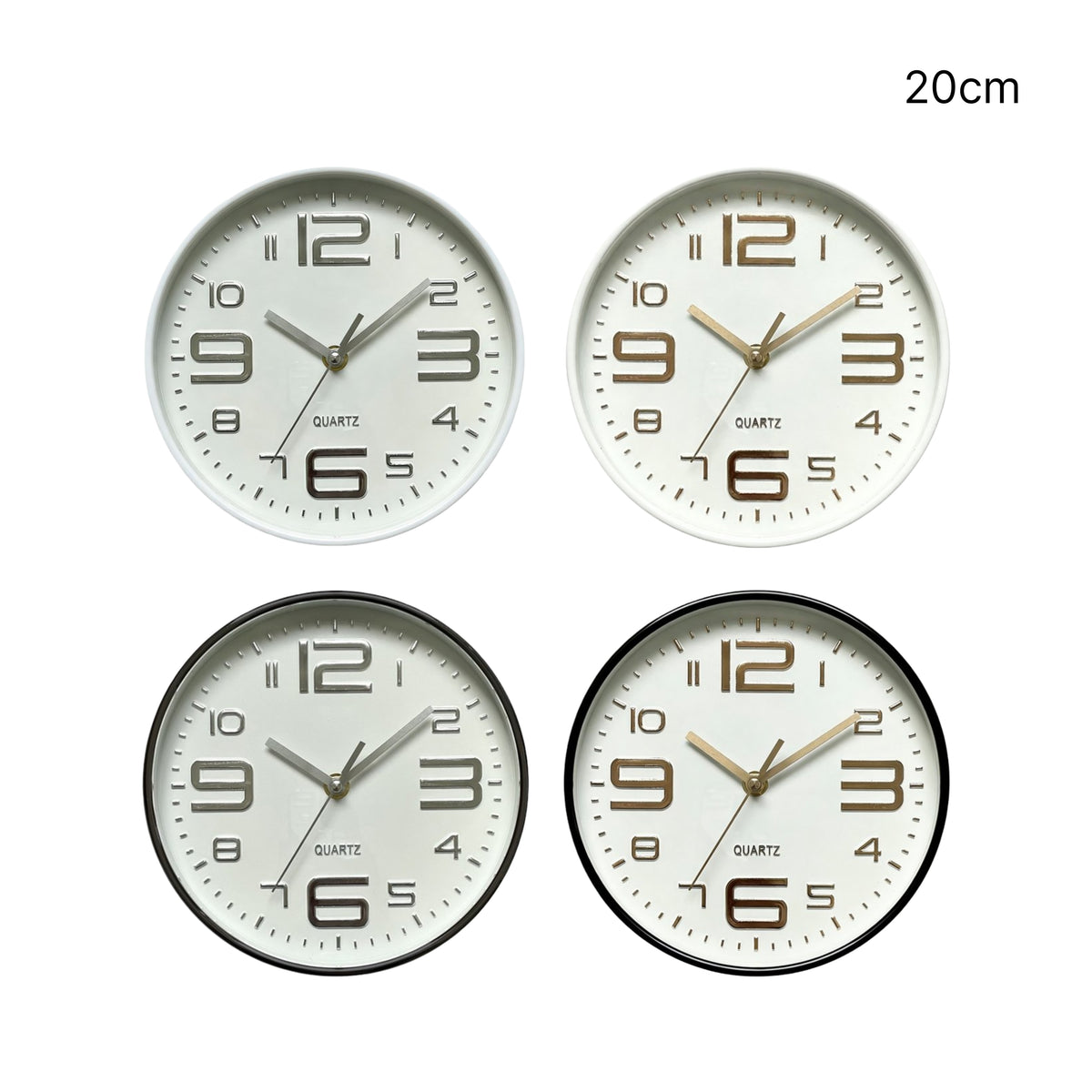 Bulk 12 Plastic Round Wall Clock 20cm 4 Asst