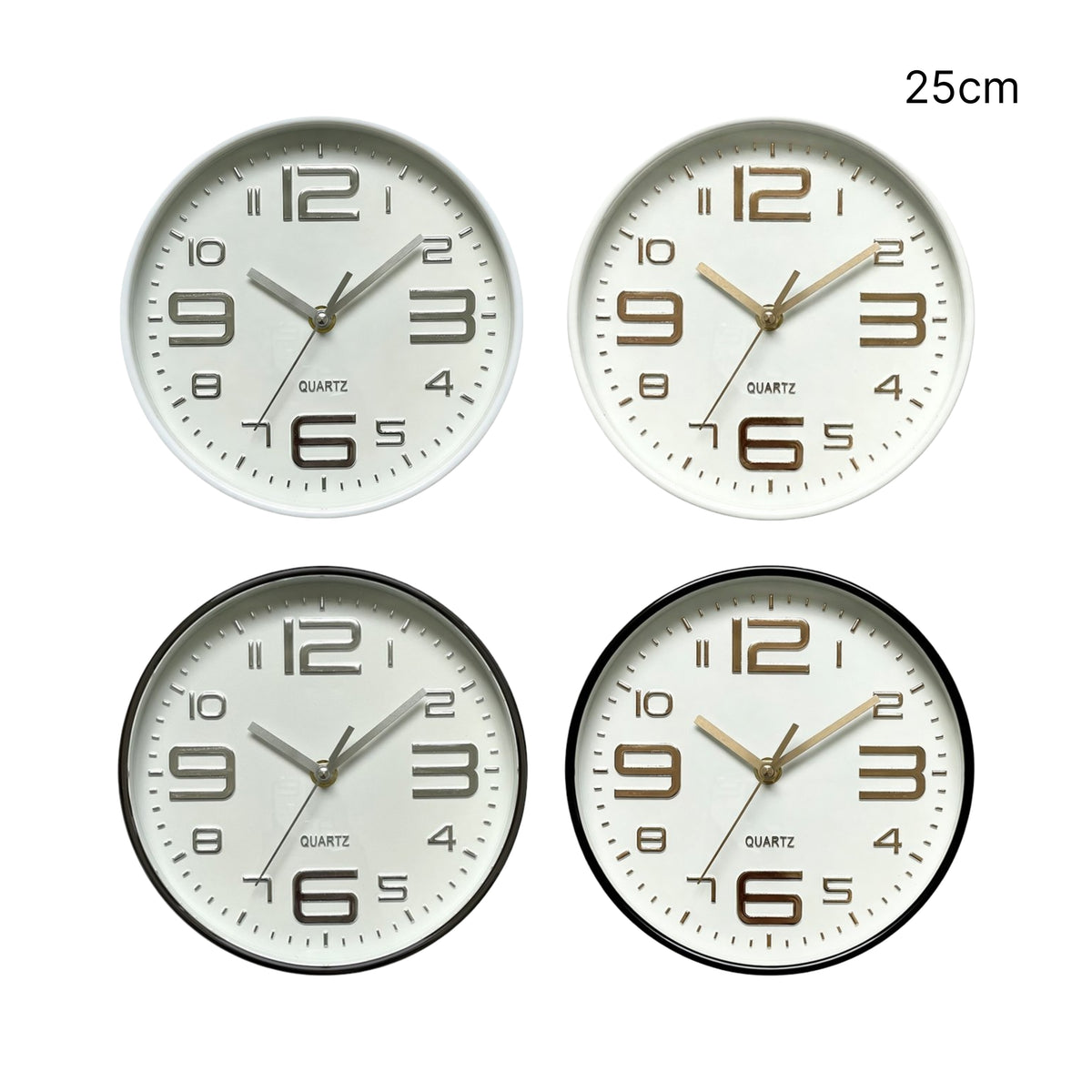 Bulk 12 Plastic Round Wall Clock 25cm 4 Asst