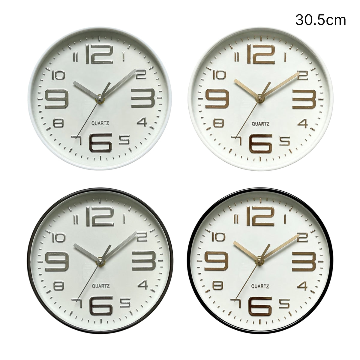 Bulk 12 Plastic Round Wall Clock 30.5cm 4 Asst