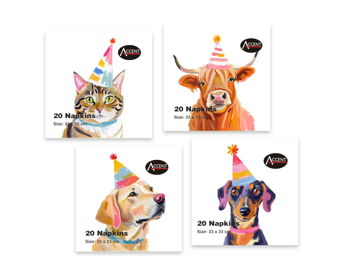 Bulk 48 Party Animal Napkins pk20 2ply 33x33cm 4 Asst