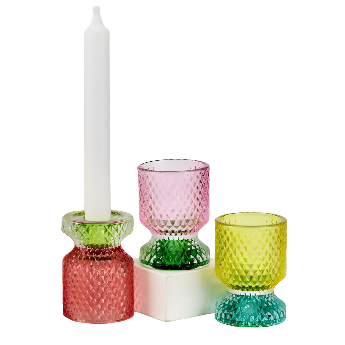 Bulk 24 Multicoloured Glass Candle Holder 6x6x8.5cm 3 Asst