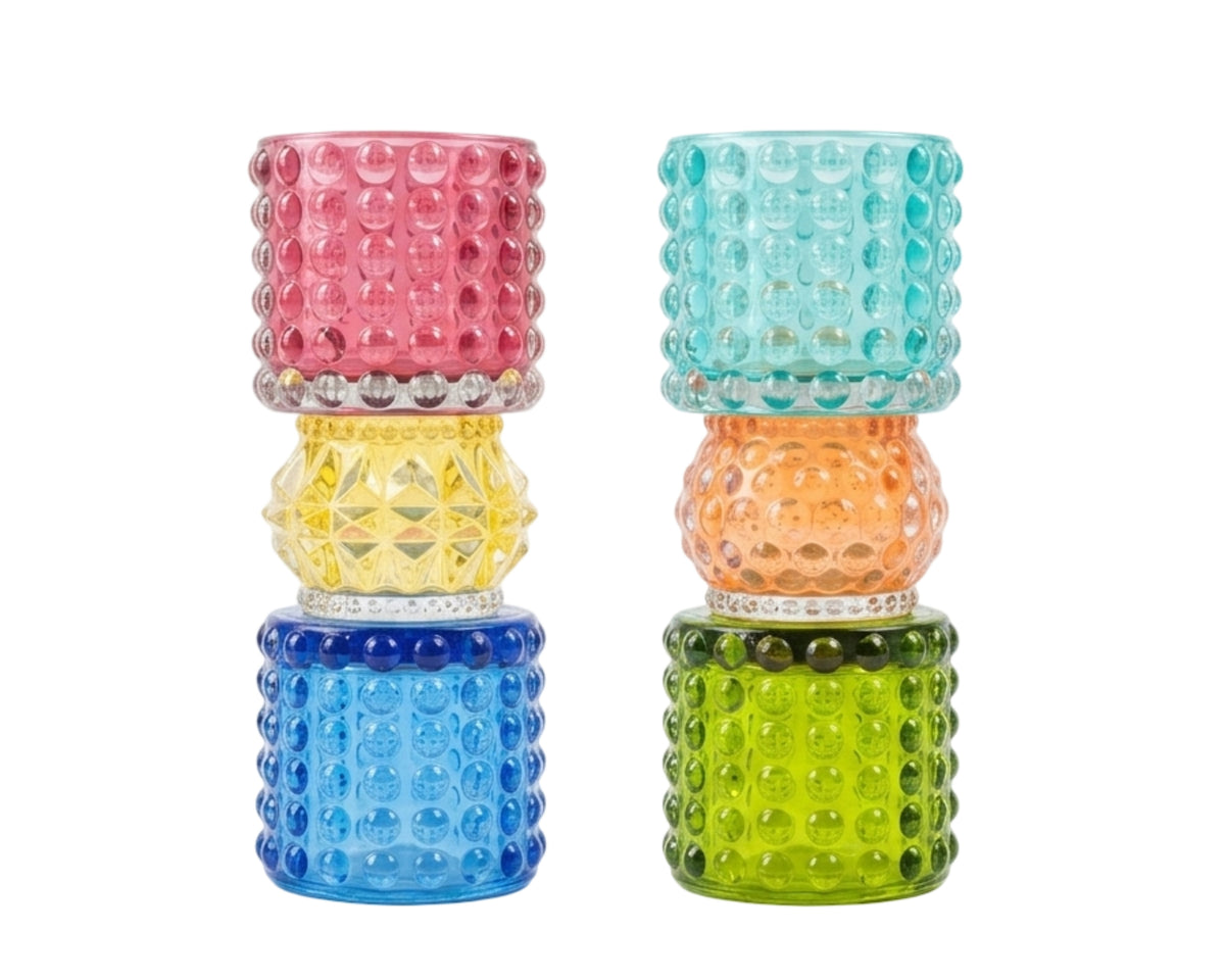 Bulk 12 Multicoloured Glass Candle Holder 7x7x18cm 2 Asst