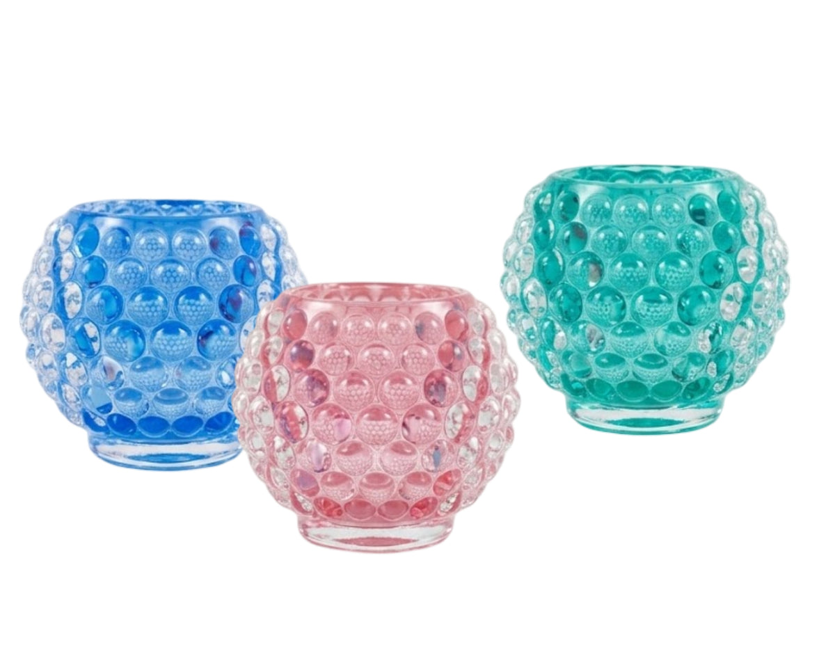 Bulk 24 Coloured Glass Candle Holder 9x9x7cm 3 Asst