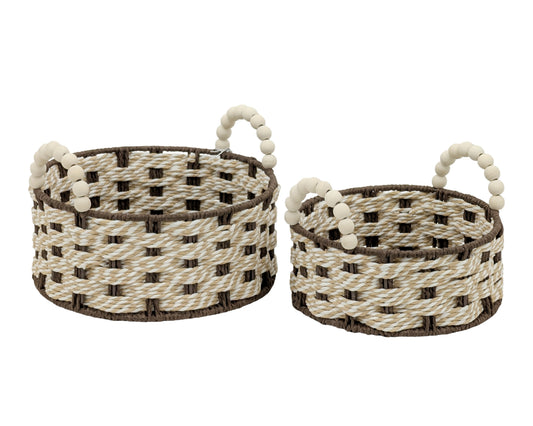 Bulk 6 Brown & Natural Paper Rope Round Basket with Bead Handle