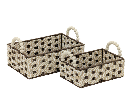 Bulk 6 Brown & Natural Paper Rope Rectangle Basket with Bead Handle