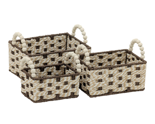 Bulk 6 Small Brown & Natural Paper Rope Basket with Bead Handle