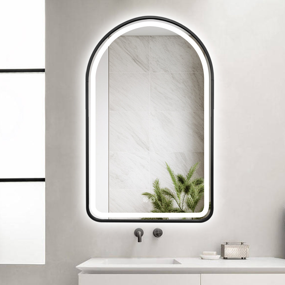 Arched LED Black Frame Wall Mirror 90cm x 50cm Frosted Dimmable Vanity Defogger