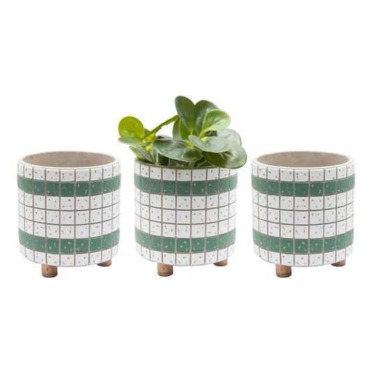 Set 3 Green Bricka Footed Pot Cement planters w Hole & Plug 15cm