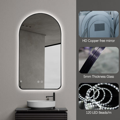 Arched LED Wall Mirror 130cm x 70cm Black Bevel Frame Backlit Dimmable Defogger