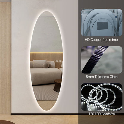 Modern Oval Glow LED Mirror 50cm × 150cm Frameless Tricolour Dimmable Wall Mounted Mirror