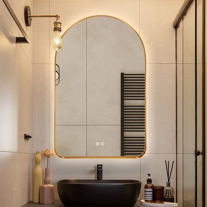 Arched LED Wall Mirror 100cm x 75cm Gold Bevel Frame Backlit Dimmable Defogger