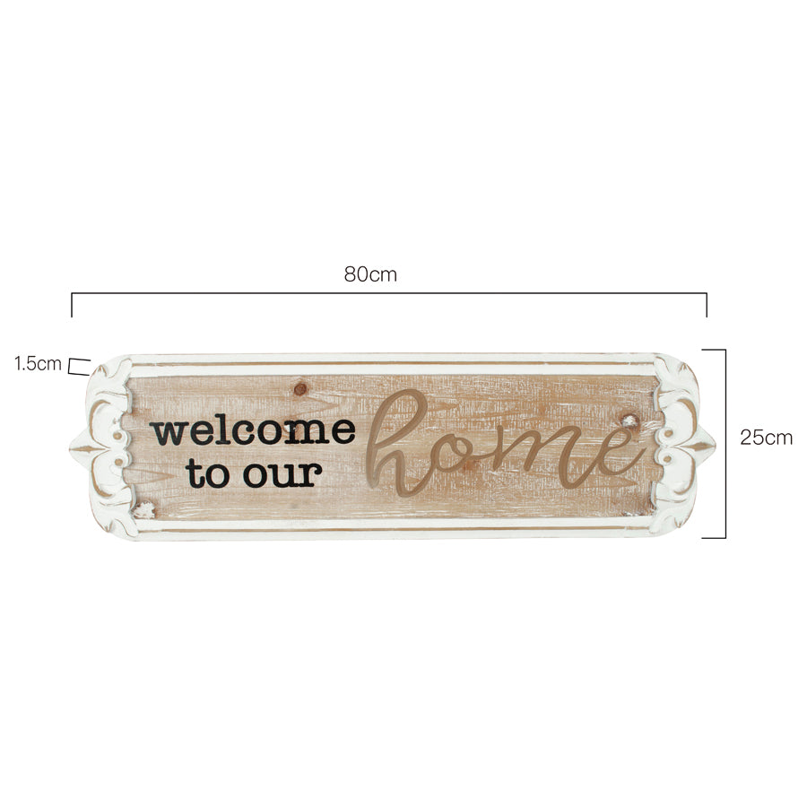Carved 'Welcome to Our Home' Wall Art 80x25cm - Image 4