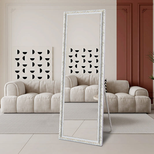 Contemporary White Wood Rectangular Full Length Mirror with Gold Accent 80cm × 180cm Freestanding Decorative Mirror