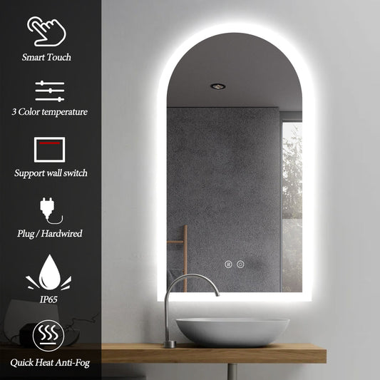 Arched LED Bathroom Mirror 90cm x 50cm Frameless Frosted Dimmable Anti Fog Defogger
