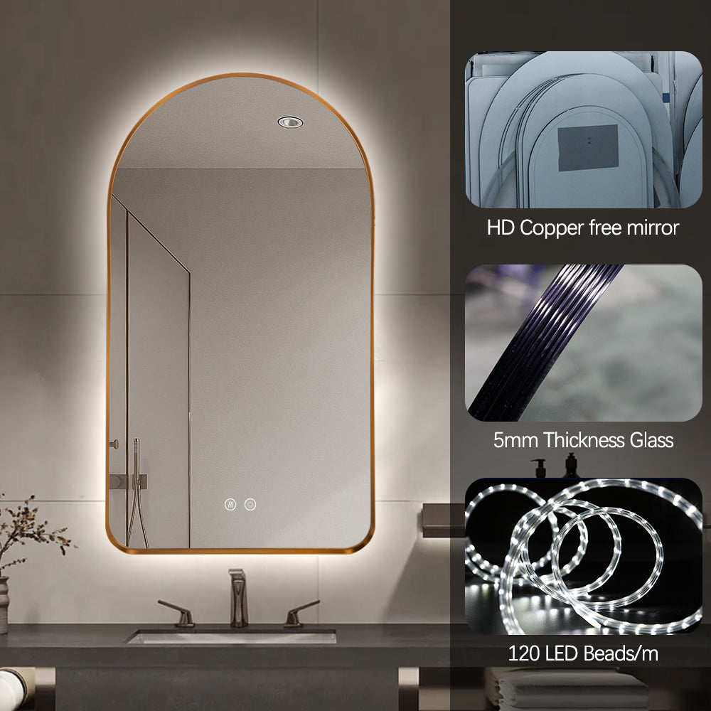 Arched LED Wall Mirror 100cm x 75cm Gold Bevel Frame Backlit Dimmable Defogger